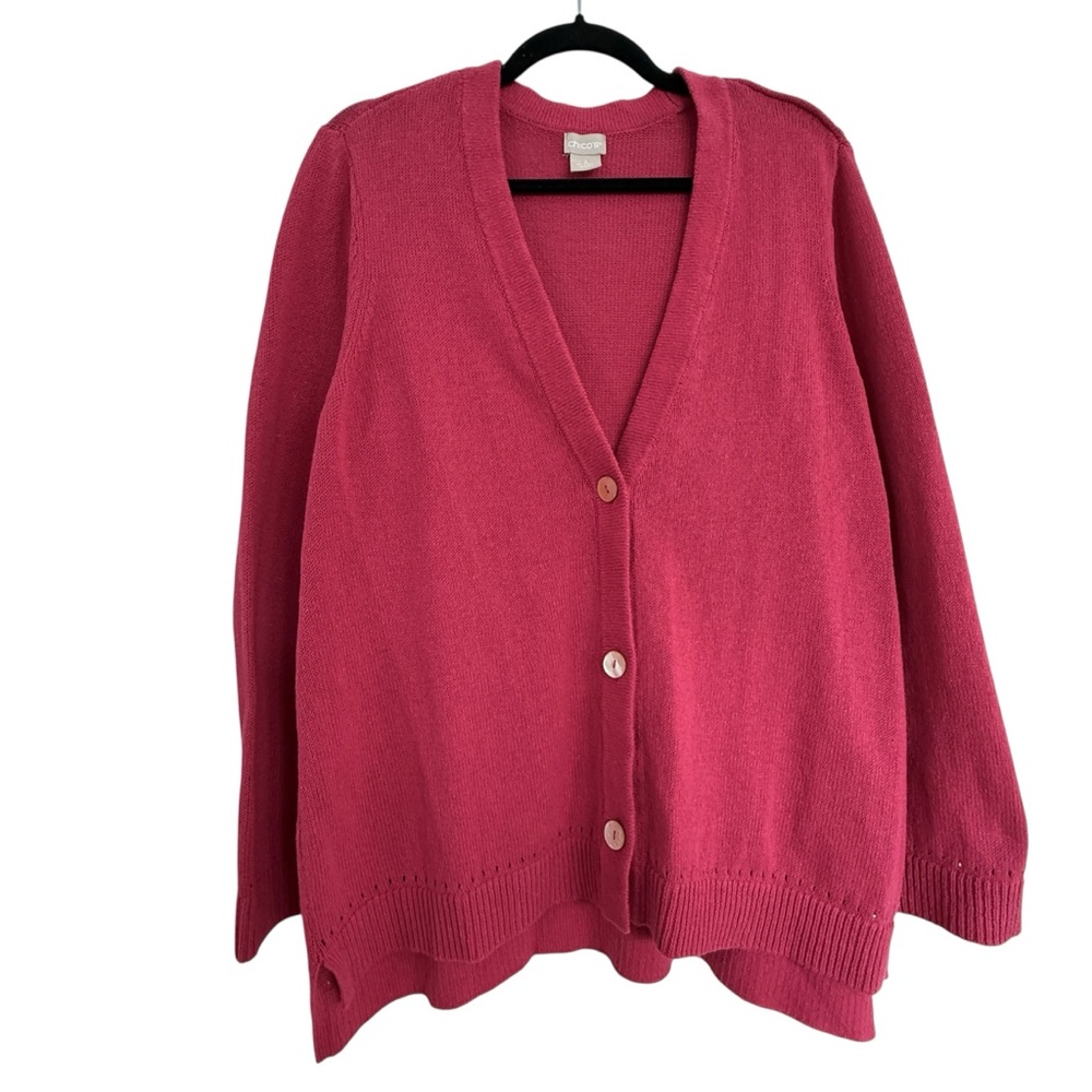 Chicos Linen Cotton Long Sleeve Pink Fuchsia Cardigan Sweater Size 3 / XL‎